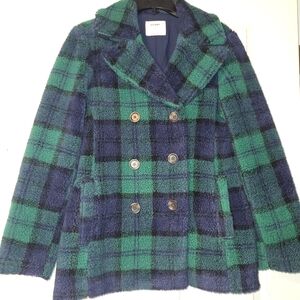 Old Navy Cozy Plaid Sherpa Peacoat Women's Size Small Green Navy‎ Blue Teddy